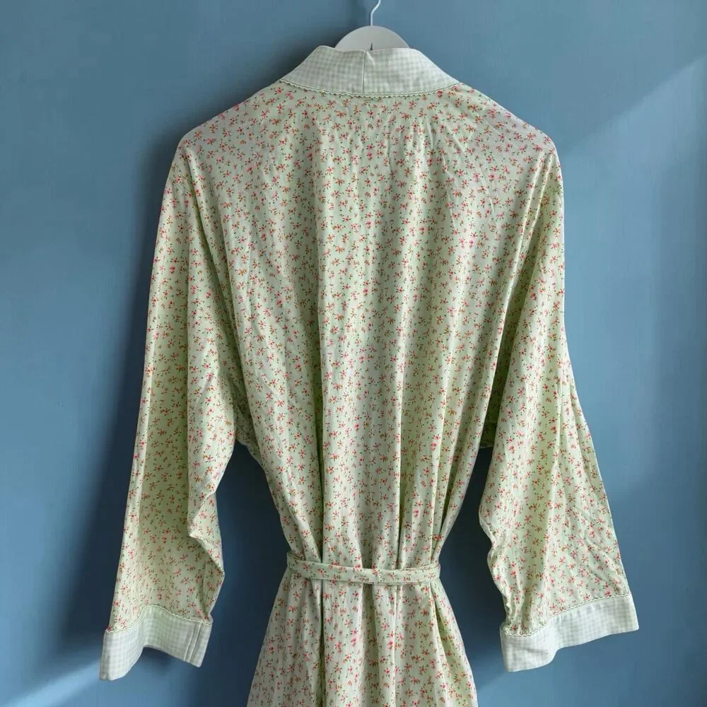 Charter Club Cottagecore Mint Green Floral Gingham Cotton Kimono Wrap Robe XL